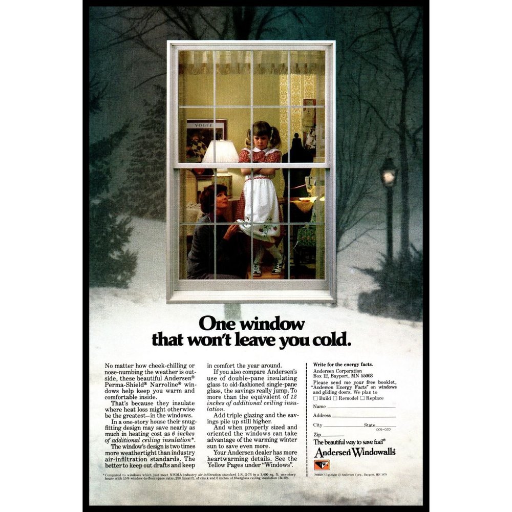 1980 Andersen Windows Vintage Print Ad Pouting Girl Winter Snow Cold Wall Art